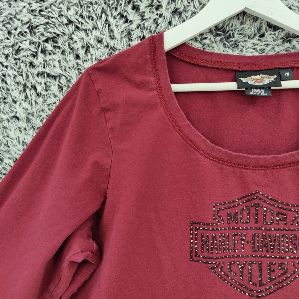 Harley-Davidson Womens Biker Rocker Top 1W Maroon Studded Logo Long Sleeve Tee - Picture 11 of 16